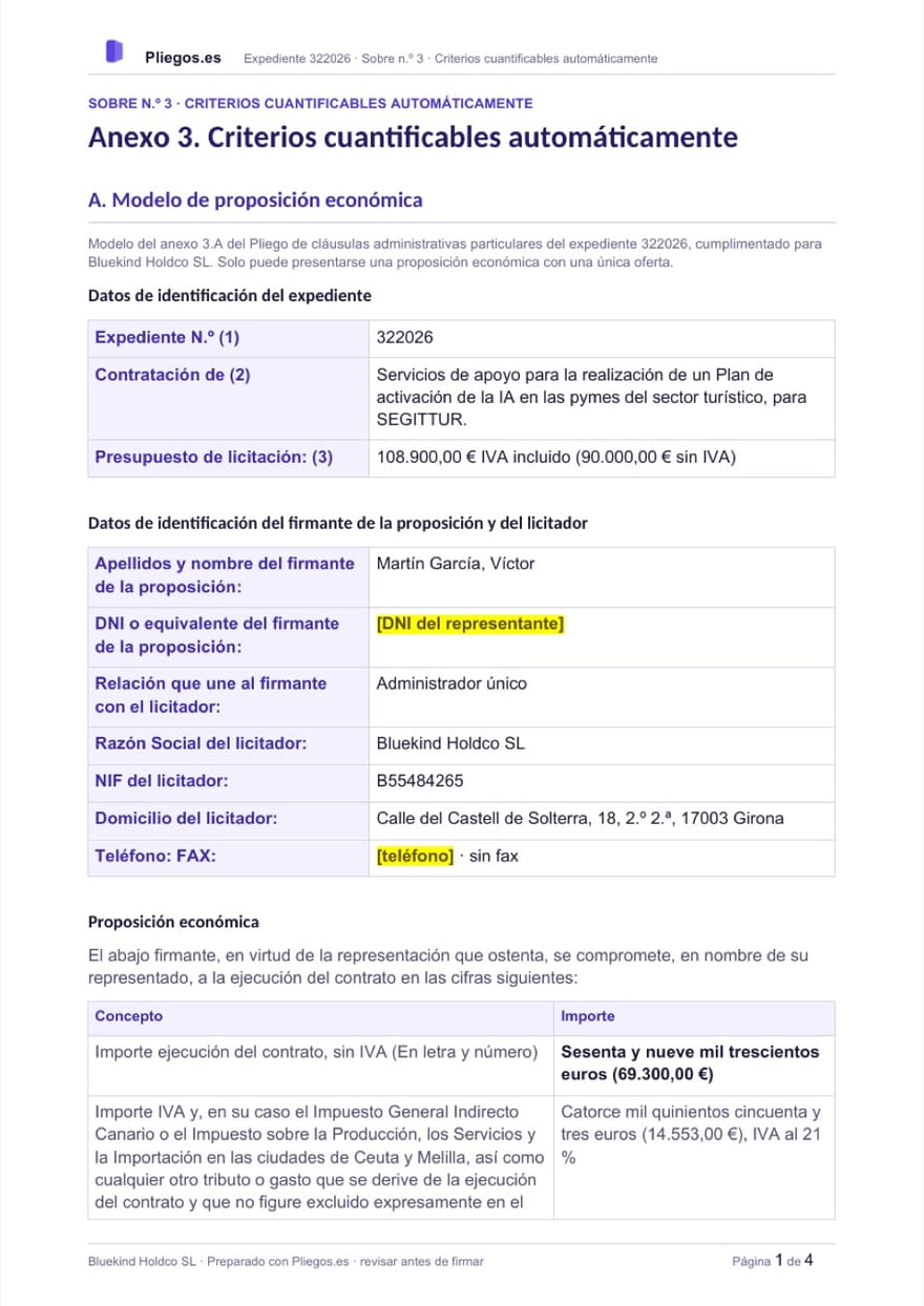 Anexo de proposición económica del pliego cumplimentado con los datos del expediente y del licitador, con los datos personales del firmante marcados como pendientes de rellenar.